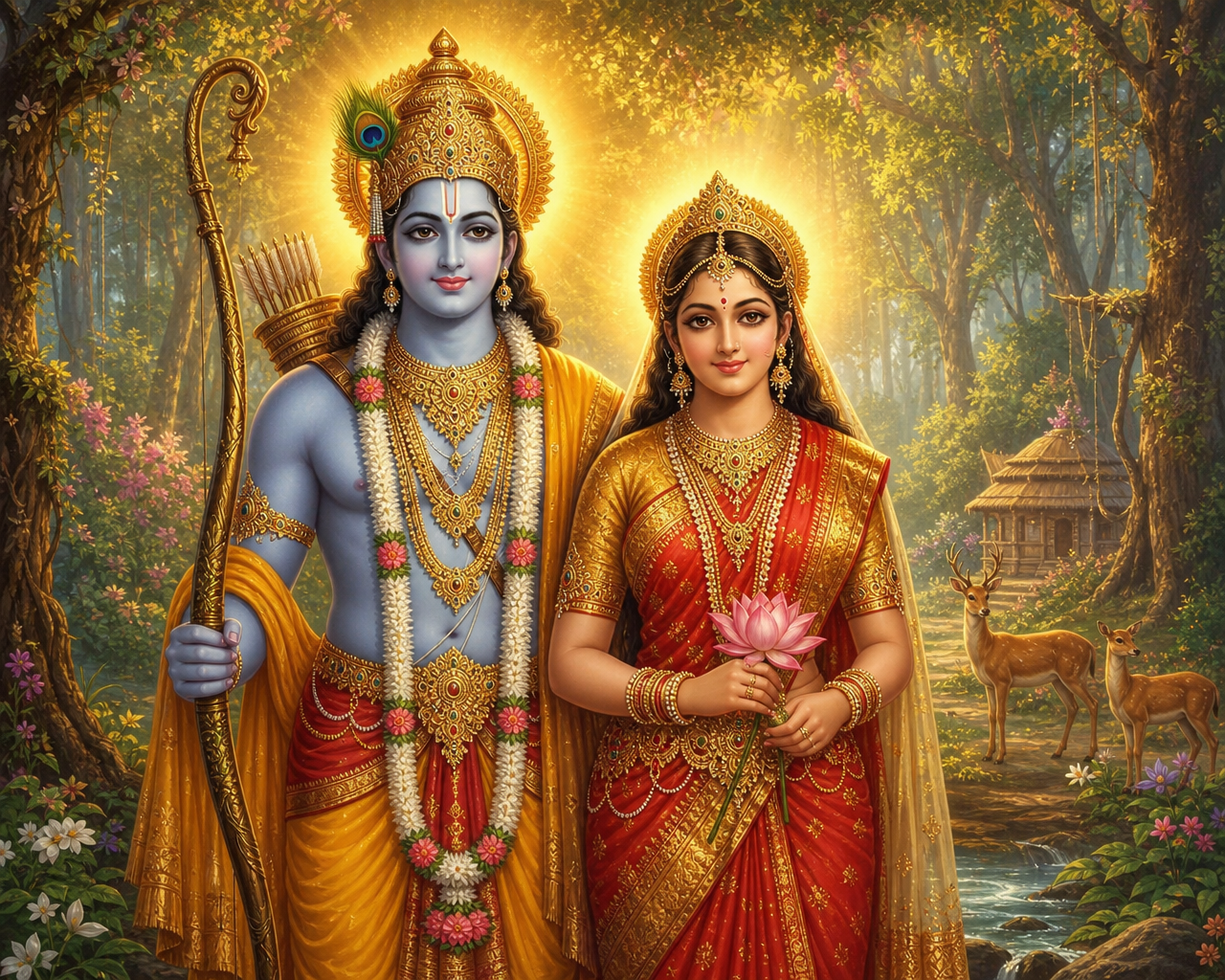 Rama winning Sita's hand by breaking the bow of Shiva
