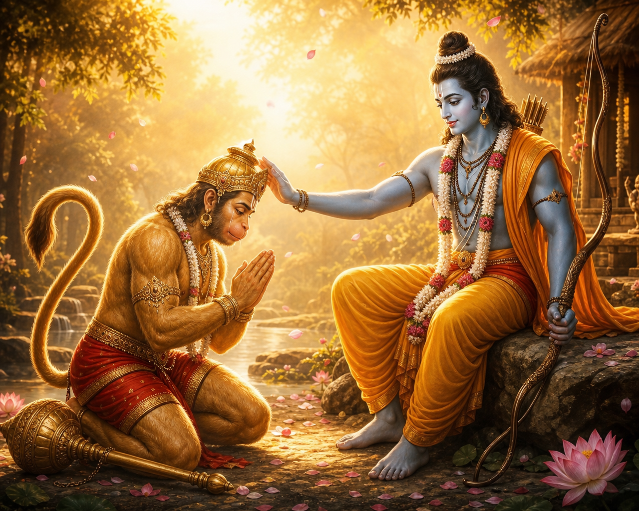 Hanuman kneeling before Lord Rama in devotion