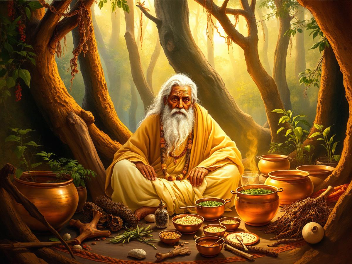 Vedic sage preparing healing herbs