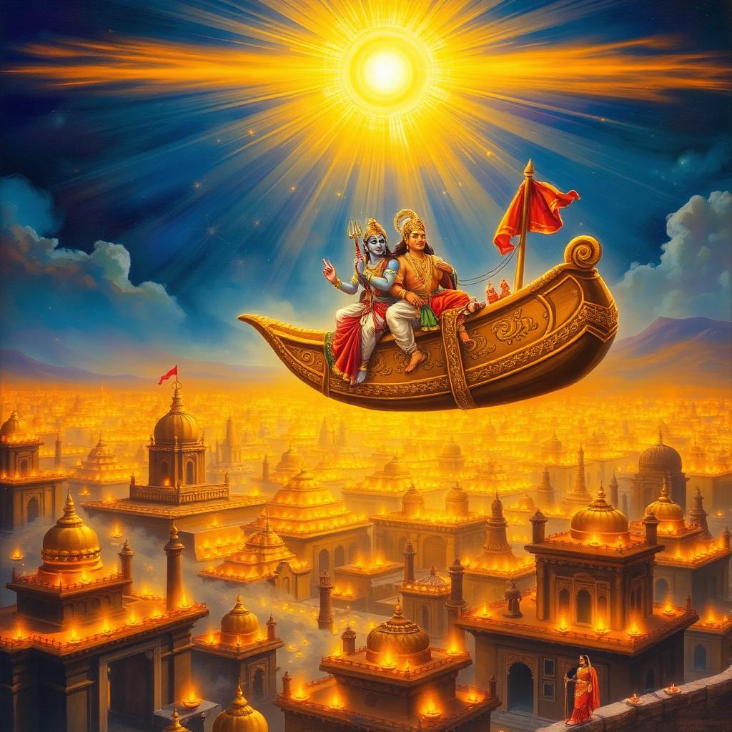 Lord Rama returns to Ayodhya in the pushpaka vimana, the city glowing with thousands of diyas