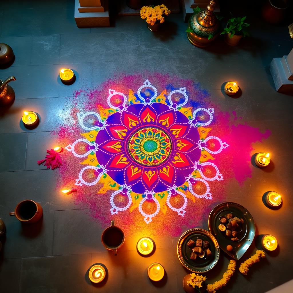 Colorful rangoli on courtyard floor surrounded by lit diyas and offerings