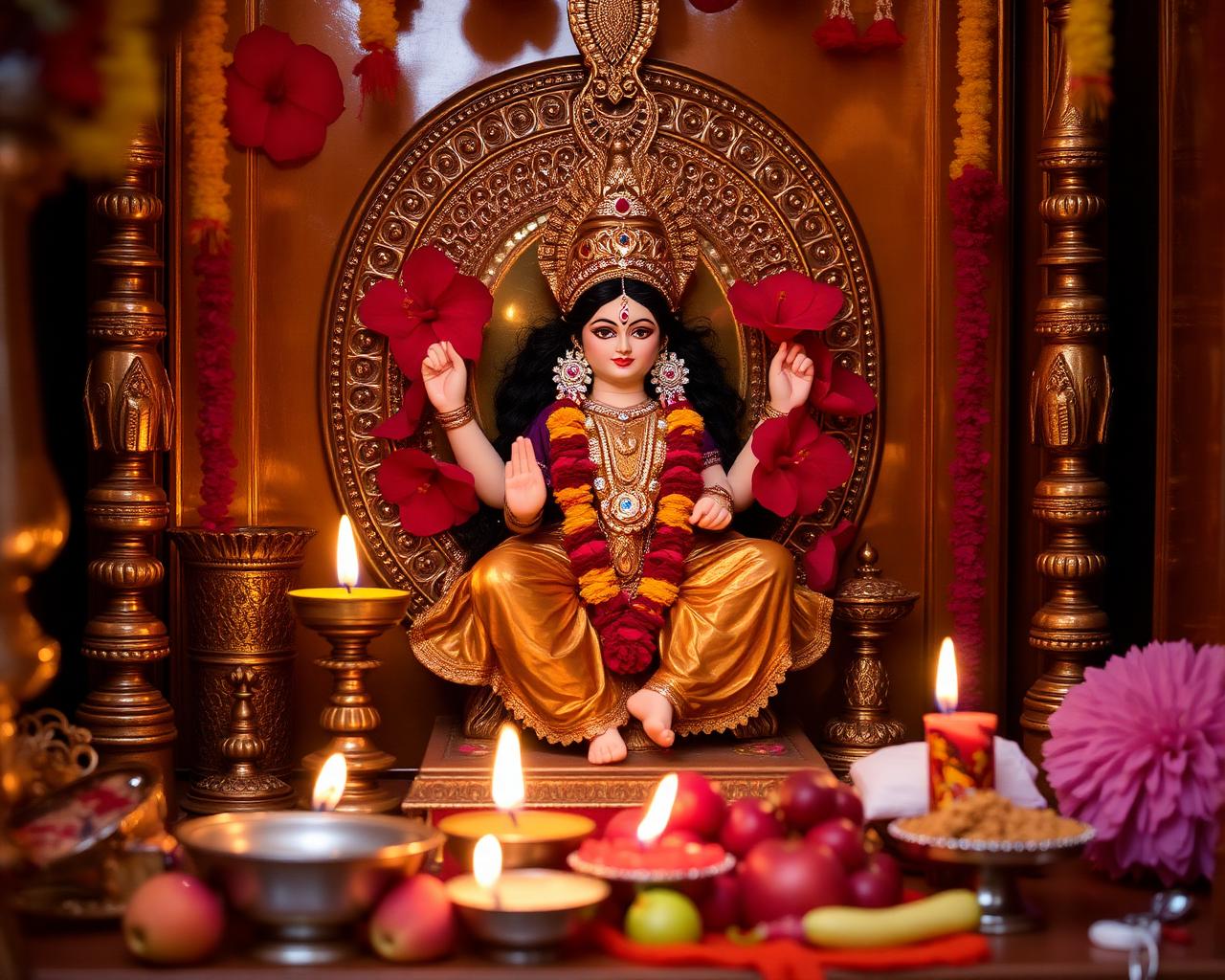 Durga altar with red hibiscus, lamps and offerings