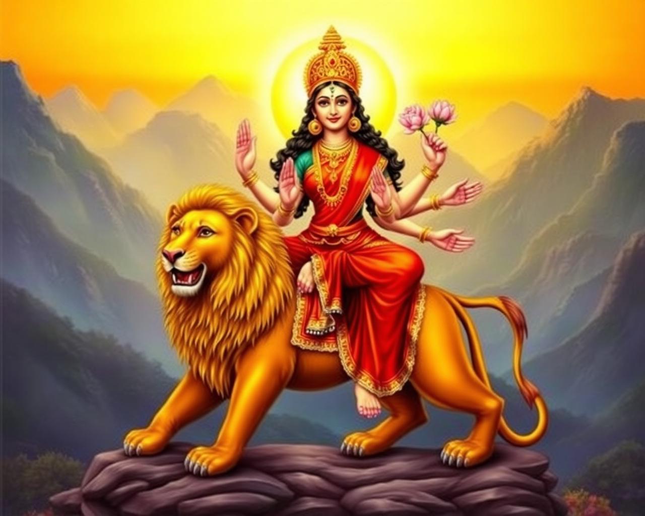 Goddess Durga seated on her lion at sunrise
