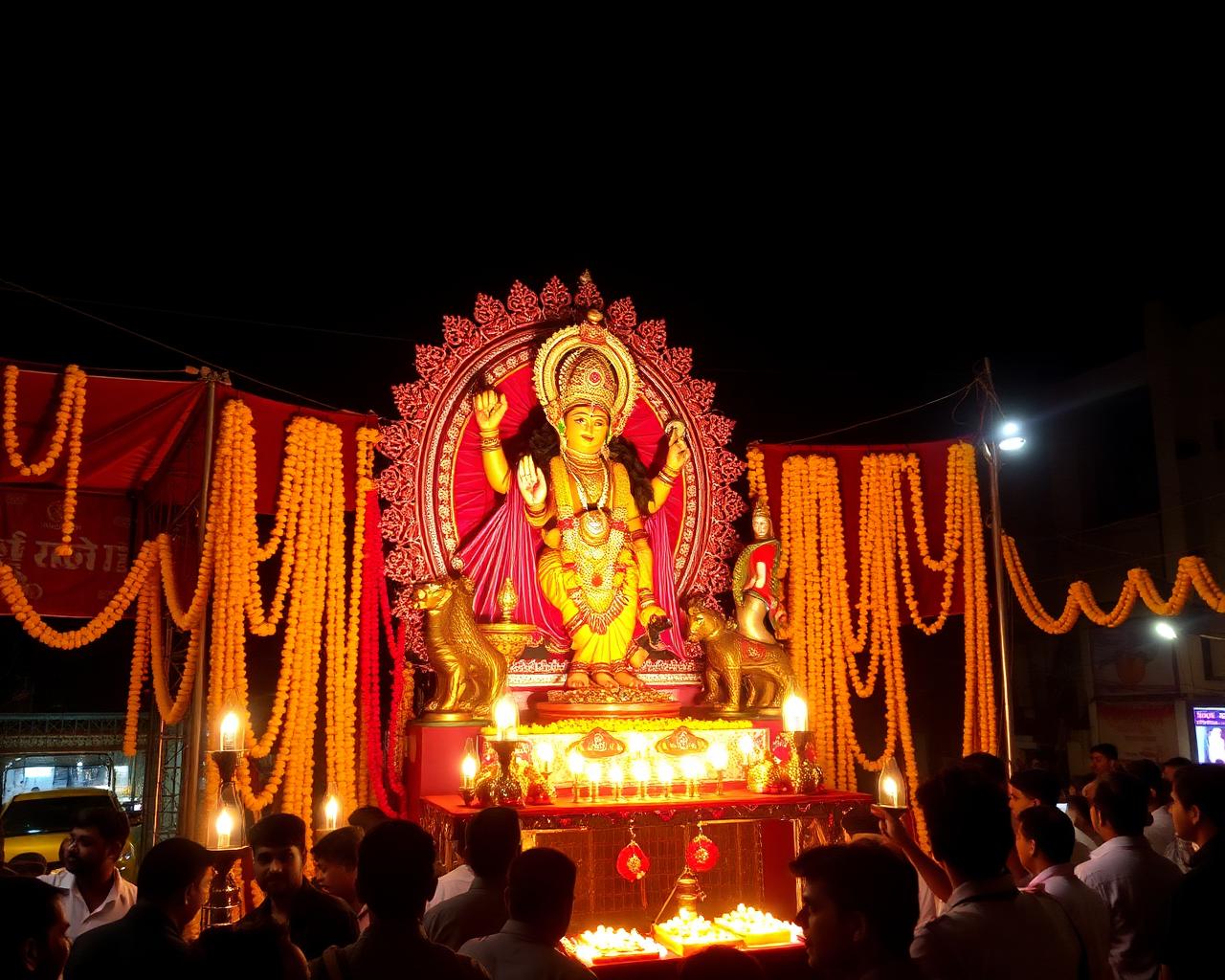 Durga Puja pandal with devotees and marigolds at night