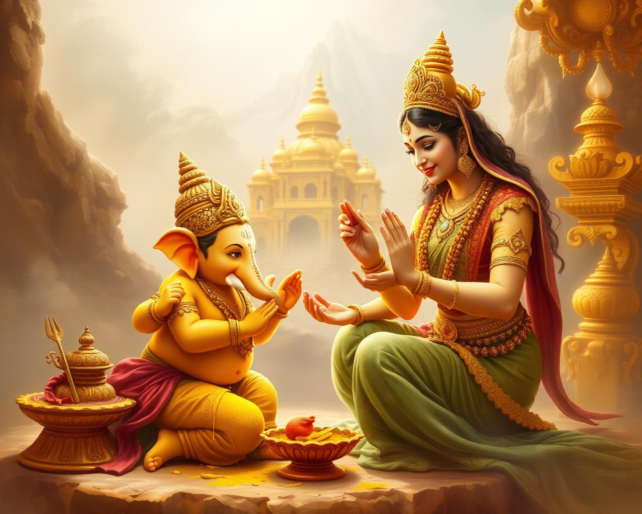 Goddess Parvati forming the child Ganesha from turmeric paste