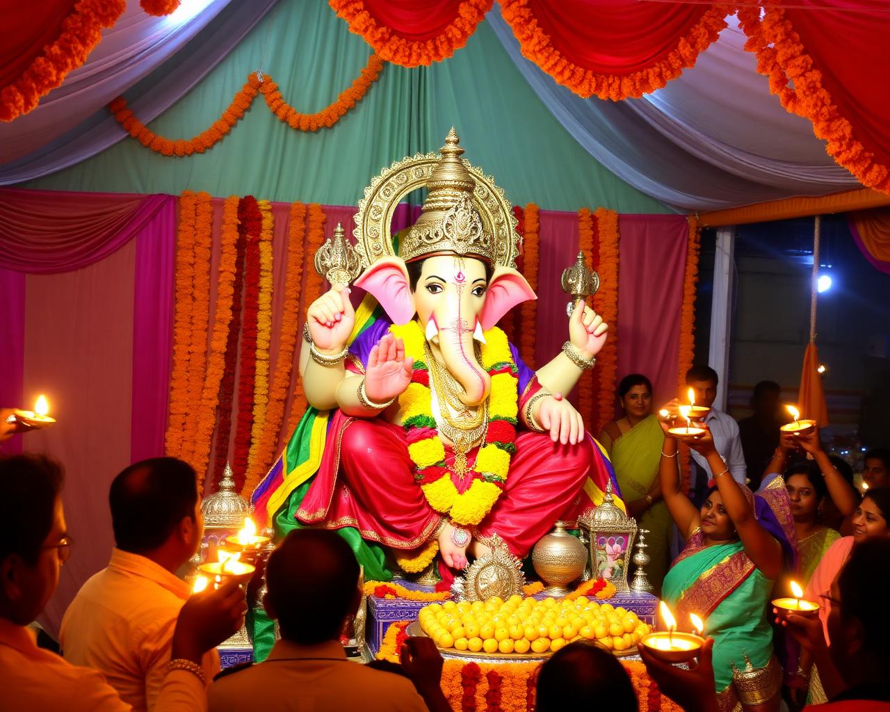 Ganesh Chaturthi pandal with devotees offering aarti