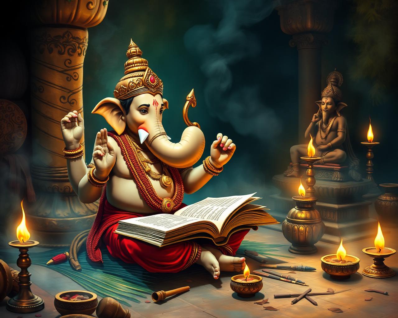 Ganesha writing the Mahabharata with his broken tusk as Vyasa dictates