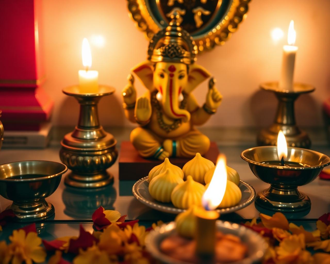 Ganesha altar with modak sweets, oil lamps and marigold petals