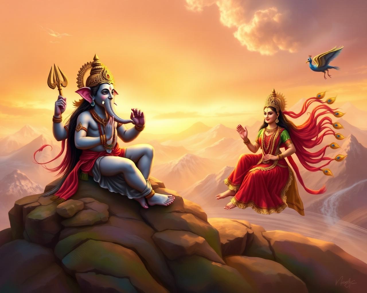 Ganesha circling his parents Shiva and Parvati on Mount Kailash