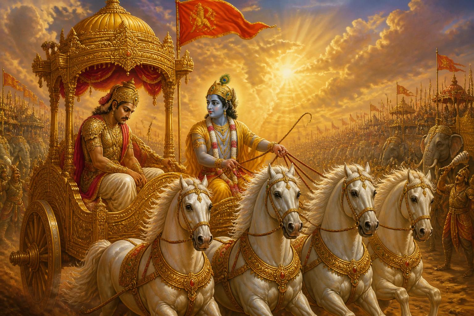 Arjuna in despair, Krishna consoles him on the chariot