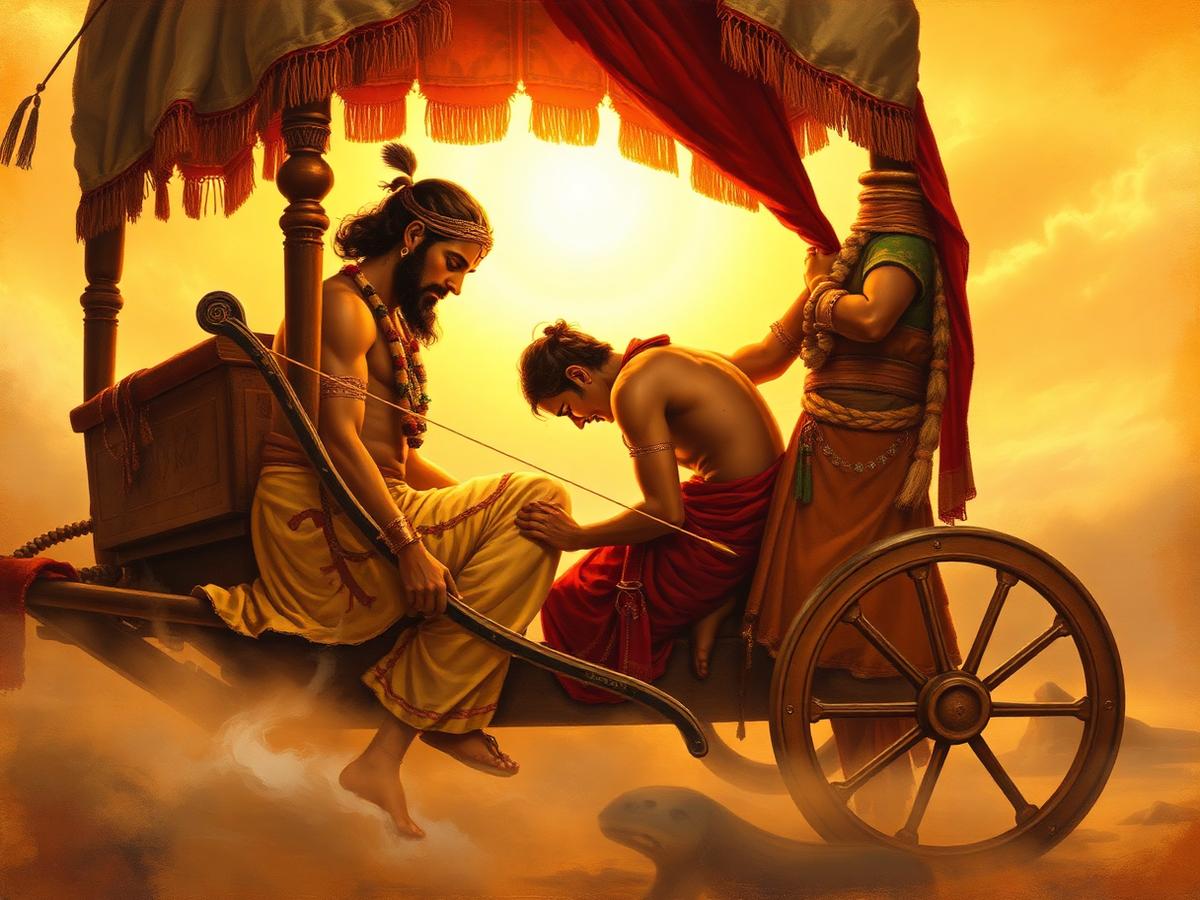 Arjuna in despair, Krishna consoles him on the chariot