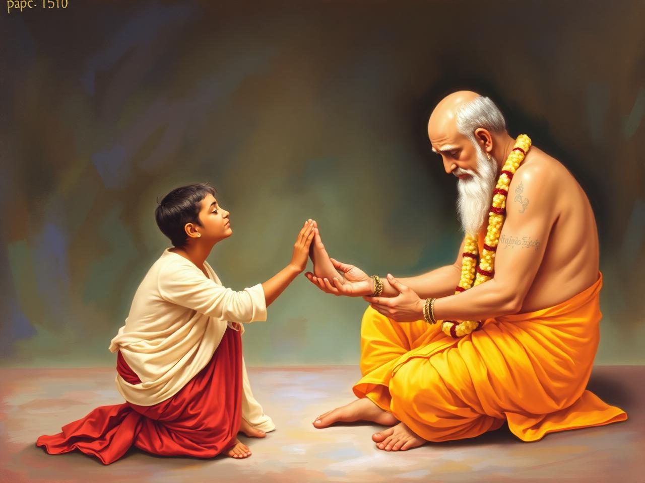 Disciple touching the feet of the Guru