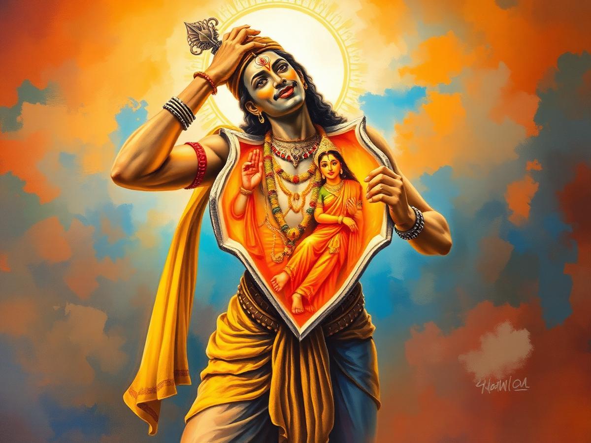 Hanuman opening his chest to reveal Rama and Sita within his heart