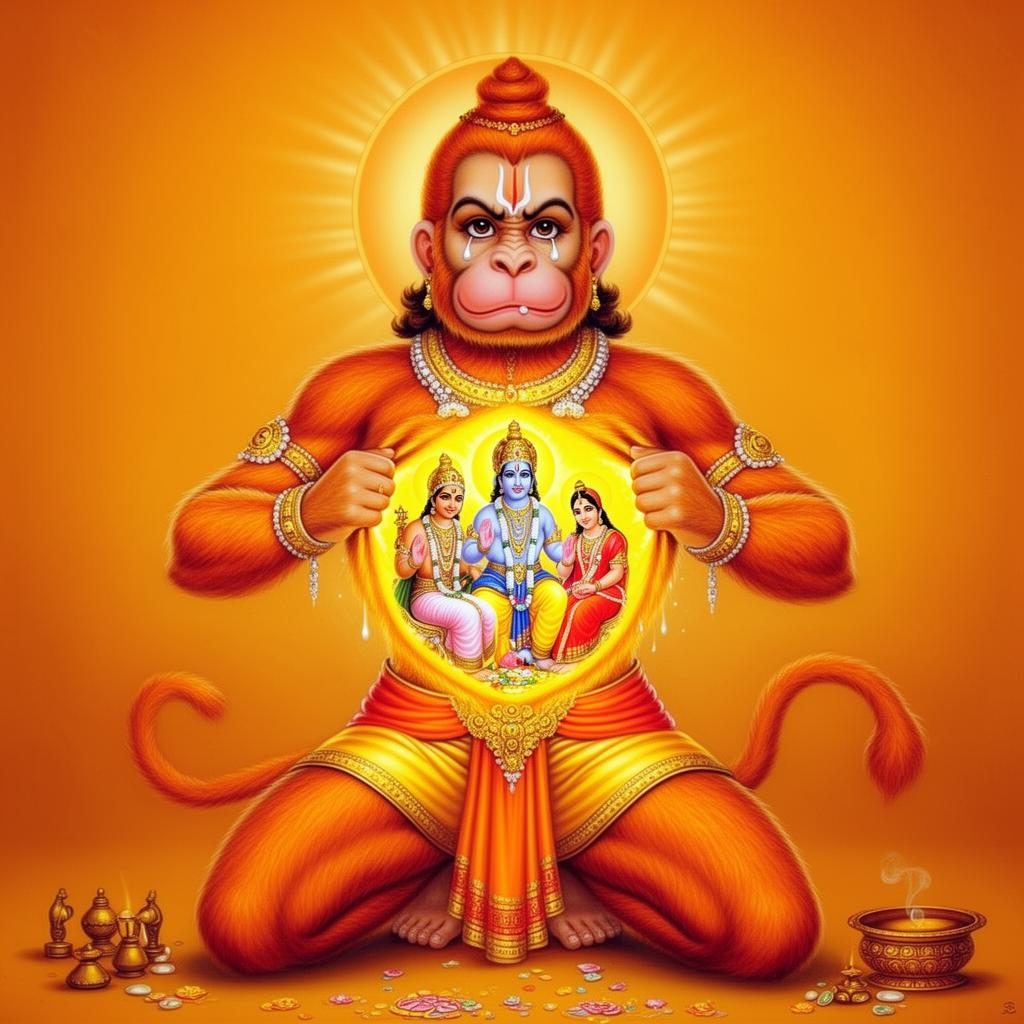 Hanuman opening his chest to reveal Rama and Sita within his heart