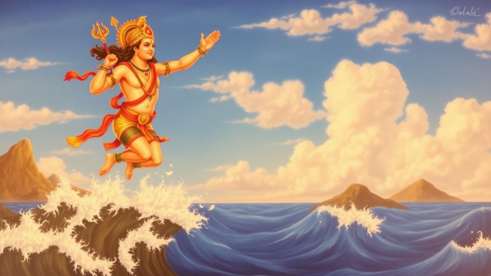 Hanuman leaping across the ocean to reach Lanka