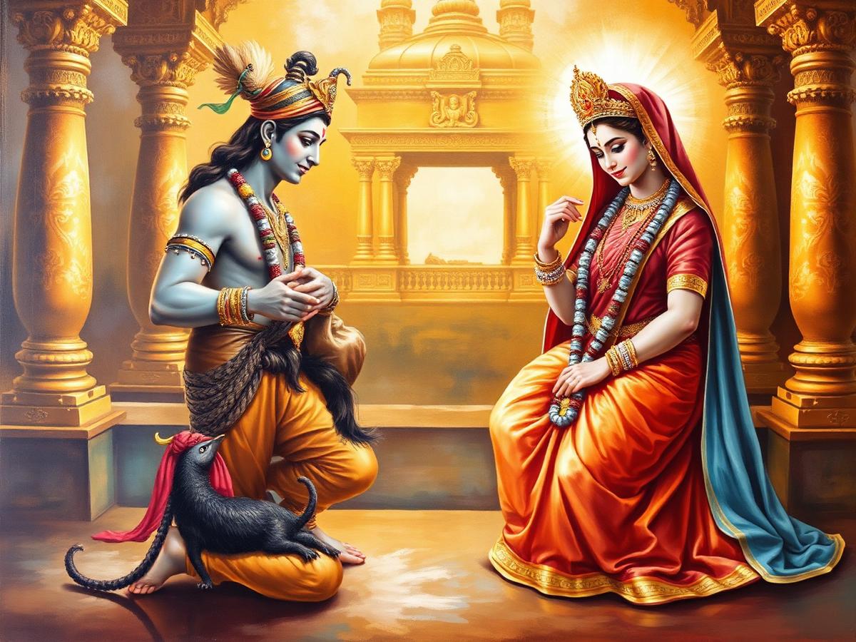Hanuman kneeling at the feet of Lord Rama and Sita