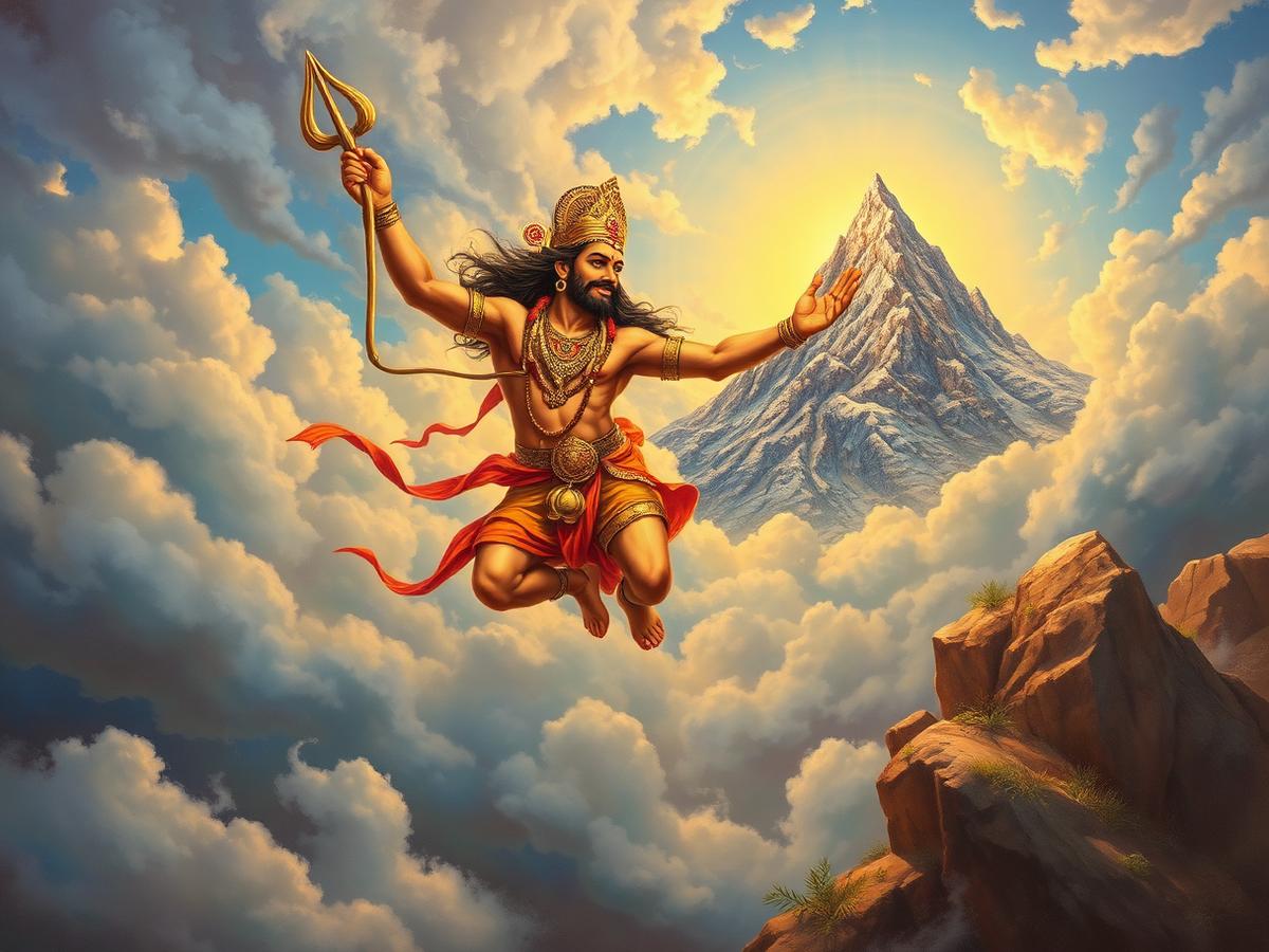 Hanuman flying with the entire Sanjeevani mountain