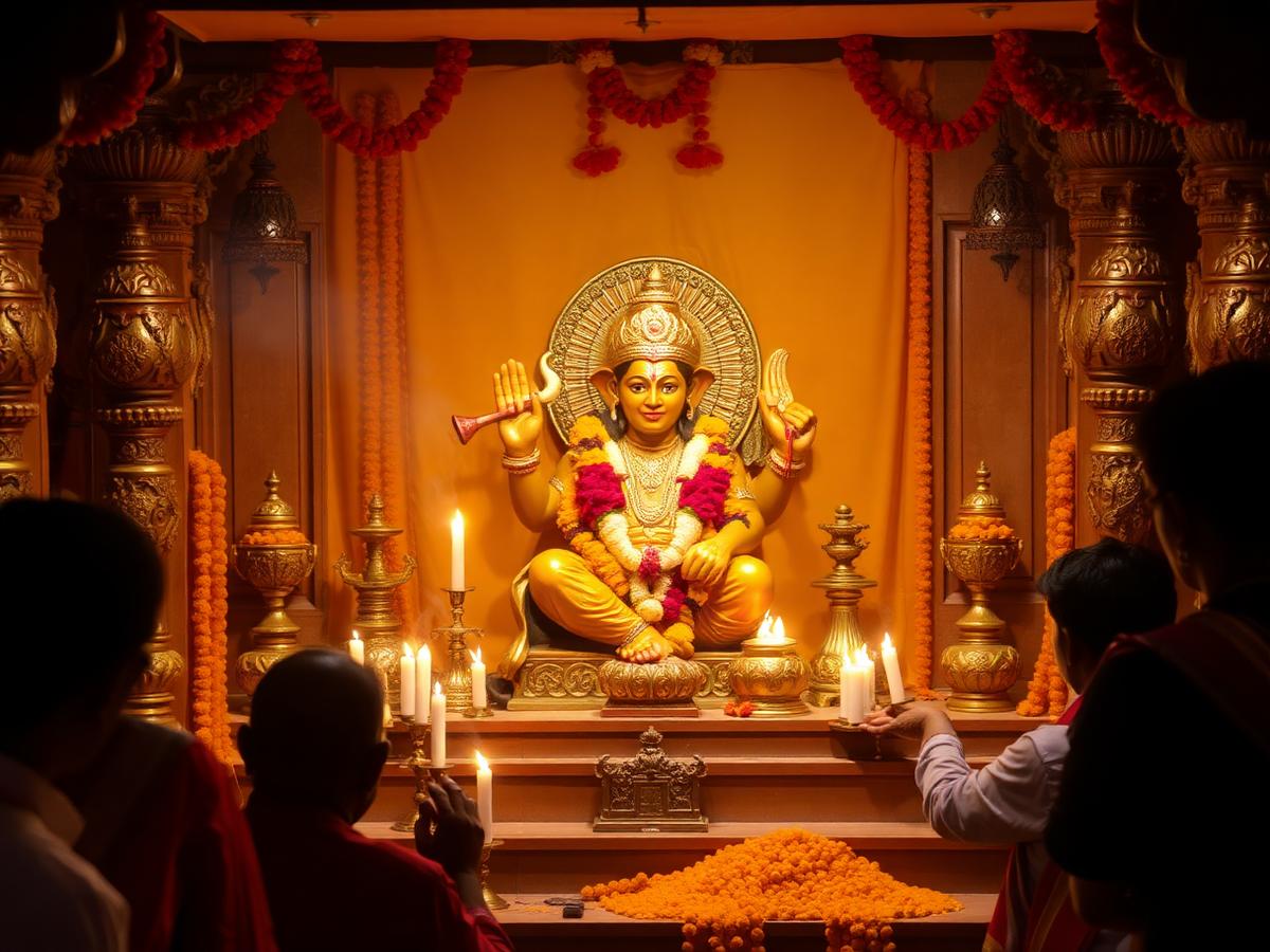 Hanuman temple altar with sindoor, lamps and marigold garlands