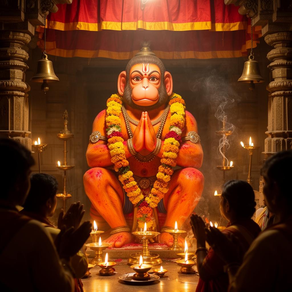 Hanuman temple altar with sindoor, lamps and marigold garlands