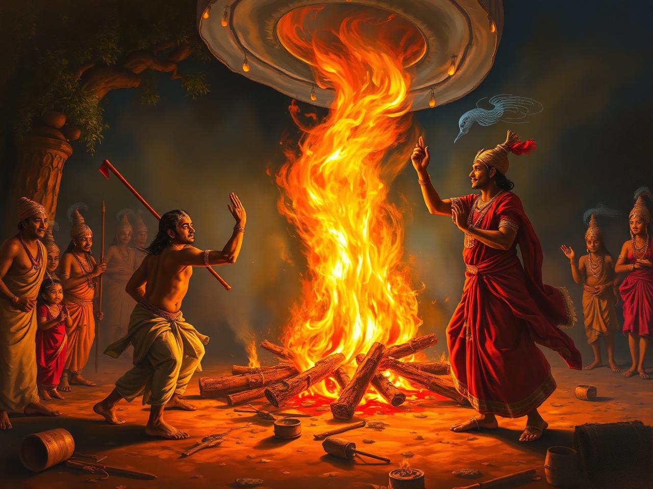 Holika Dahan bonfire with young Prahlada protected by devotion
