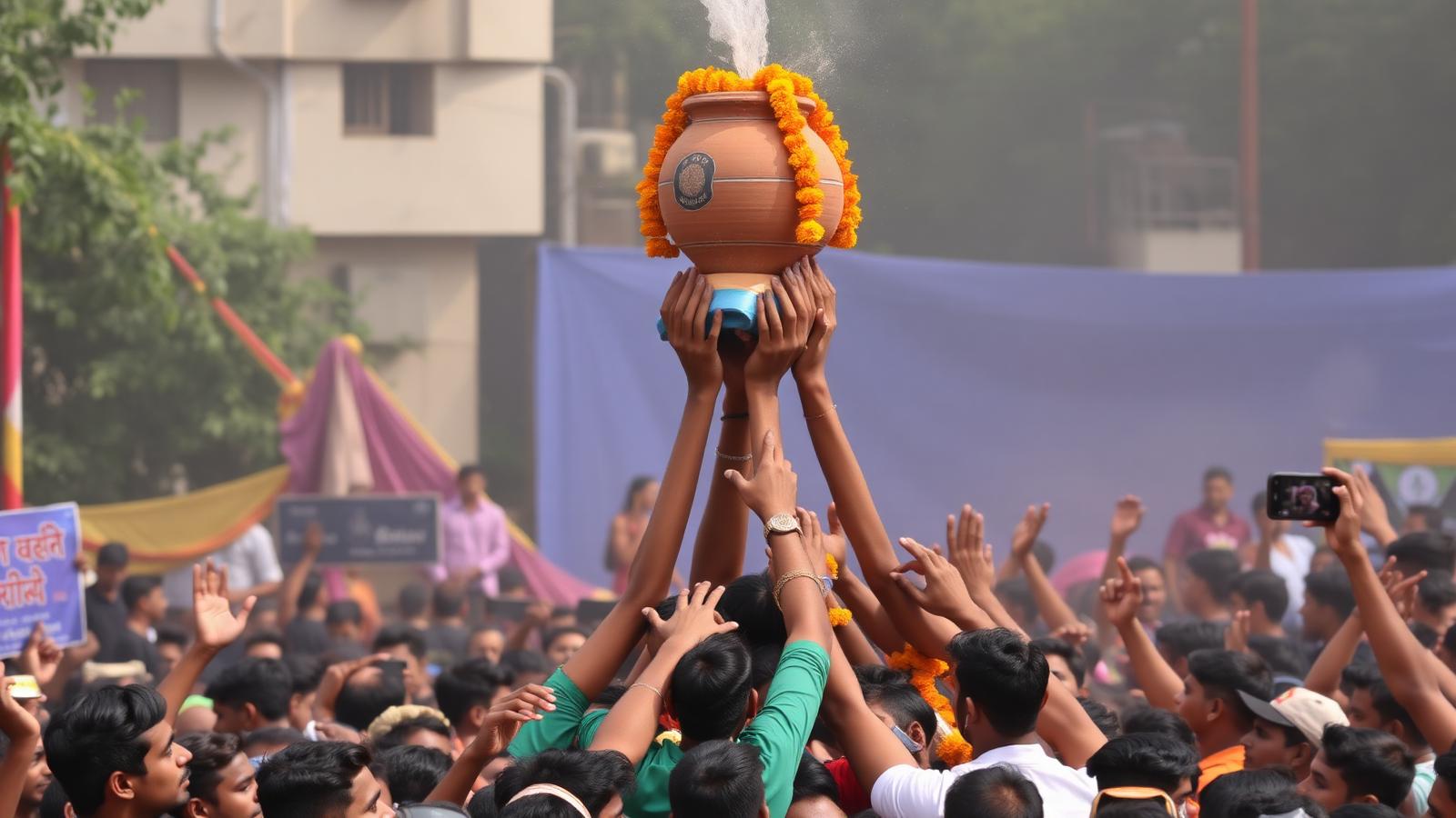 Dahi Handi celebration with a human pyramid breaking a clay pot of curd