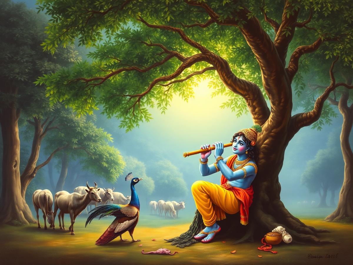 Young Krishna playing the bansuri flute under a tree in Vrindavan
