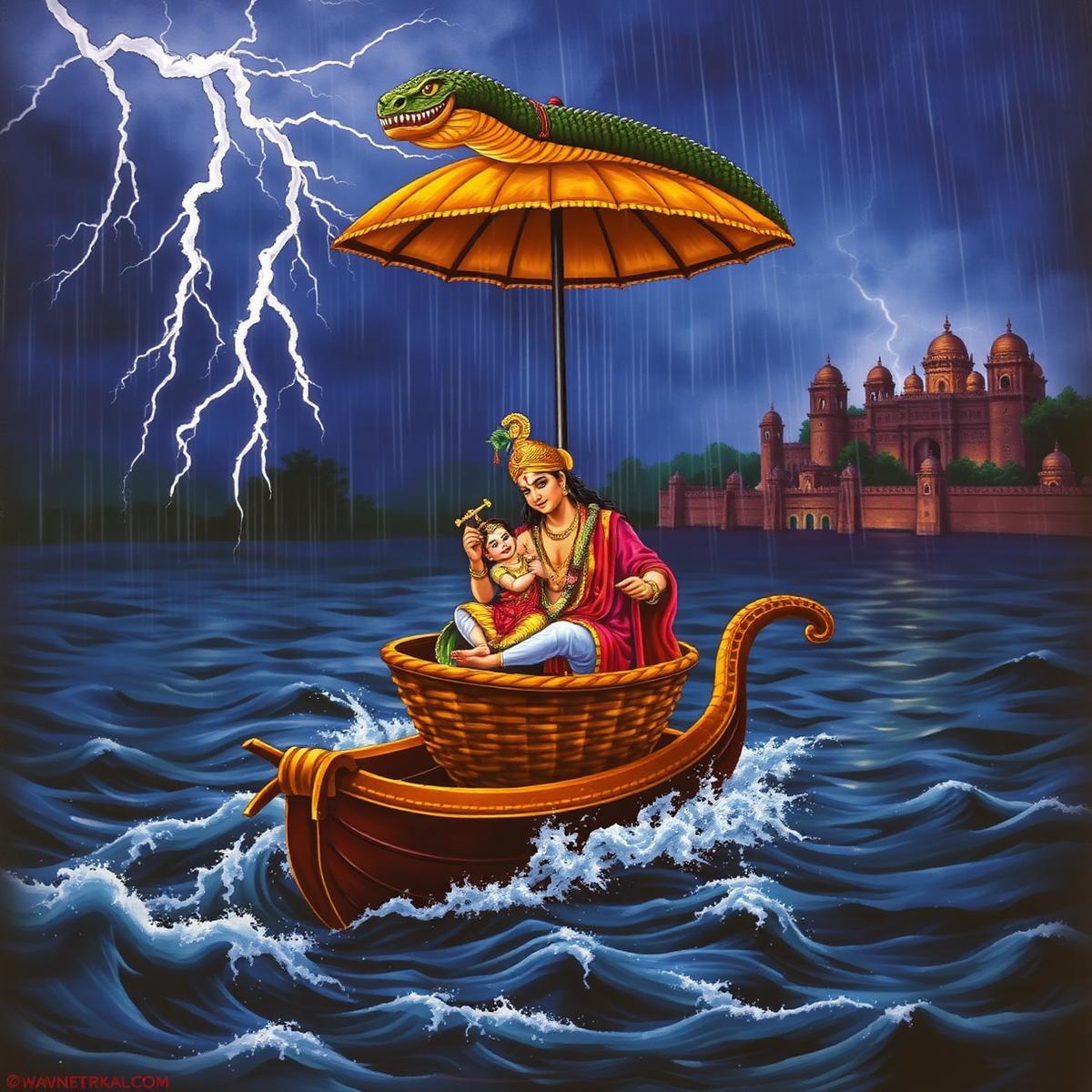 Vasudeva carrying baby Krishna across the stormy Yamuna river, sheltered by Sheshnaga