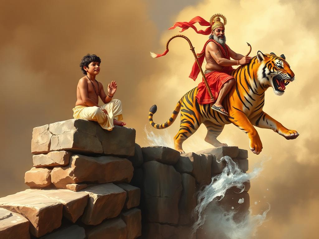 Jnaneshwar moves a wall to meet the yogi Changdev riding a tiger