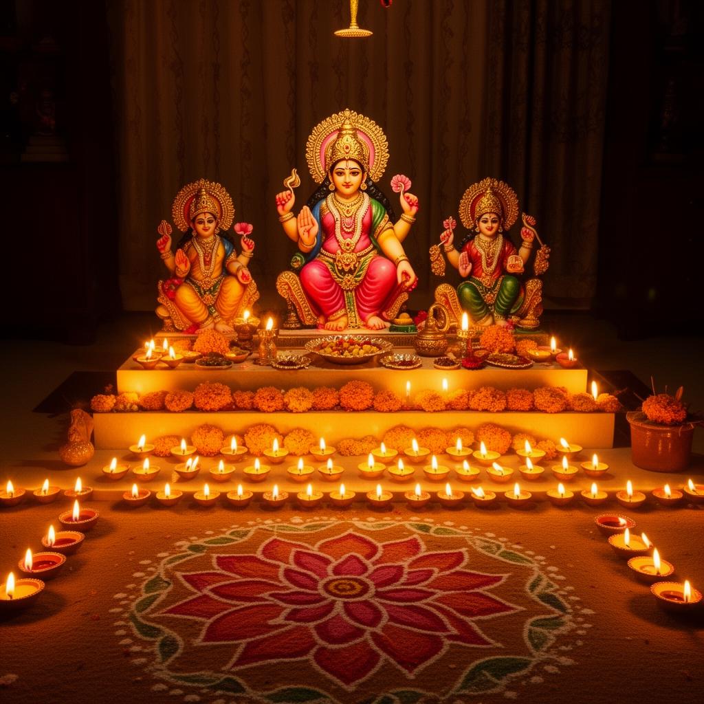 Diwali Lakshmi Puja altar with lamps, marigolds and rangoli