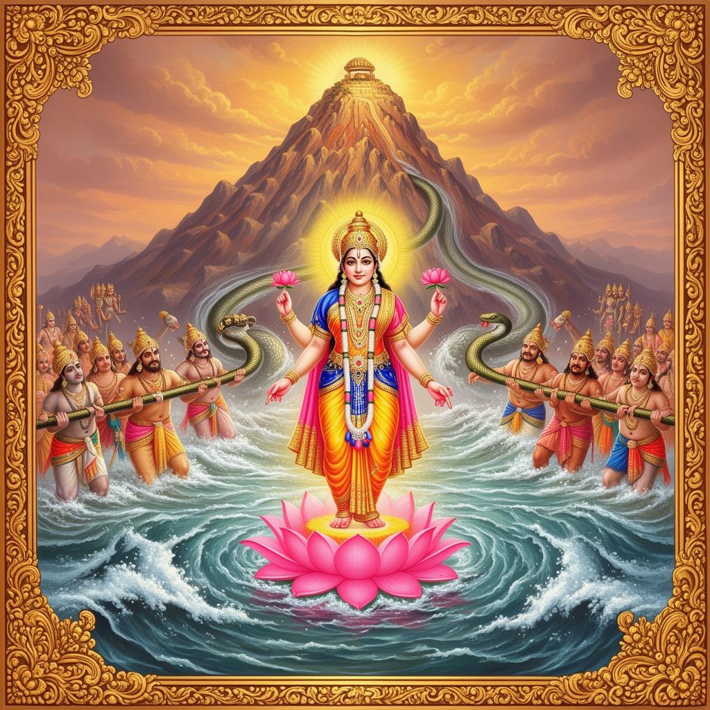 Goddess Lakshmi emerging from the cosmic ocean upon a pink lotus