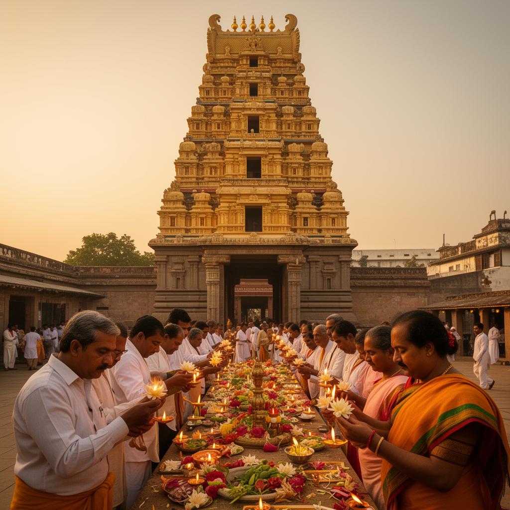 Mahalakshmi temple gopuram with devotees offering lamps
