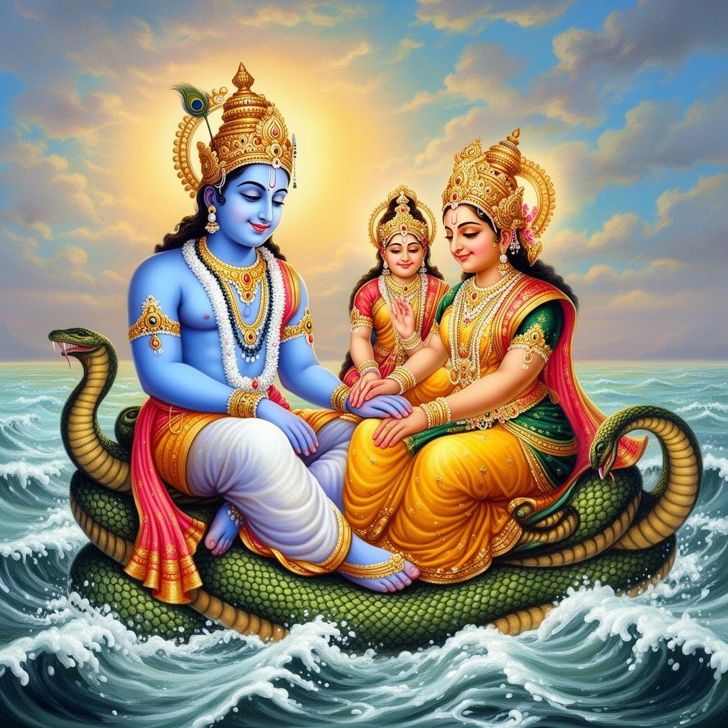 Lakshmi and Vishnu together on Sheshanaga