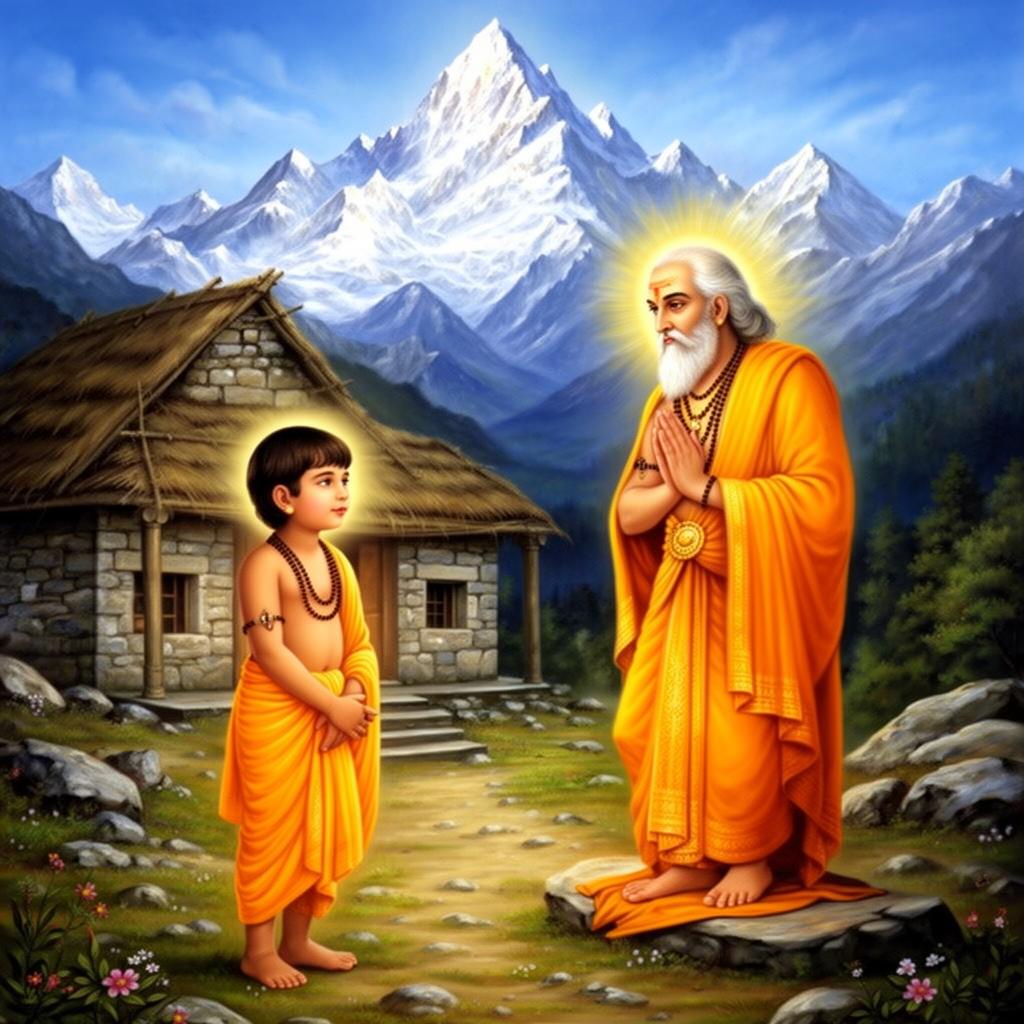 Young Madhvacharya receiving blessings from Sage Vedavyasa at Badarikashrama