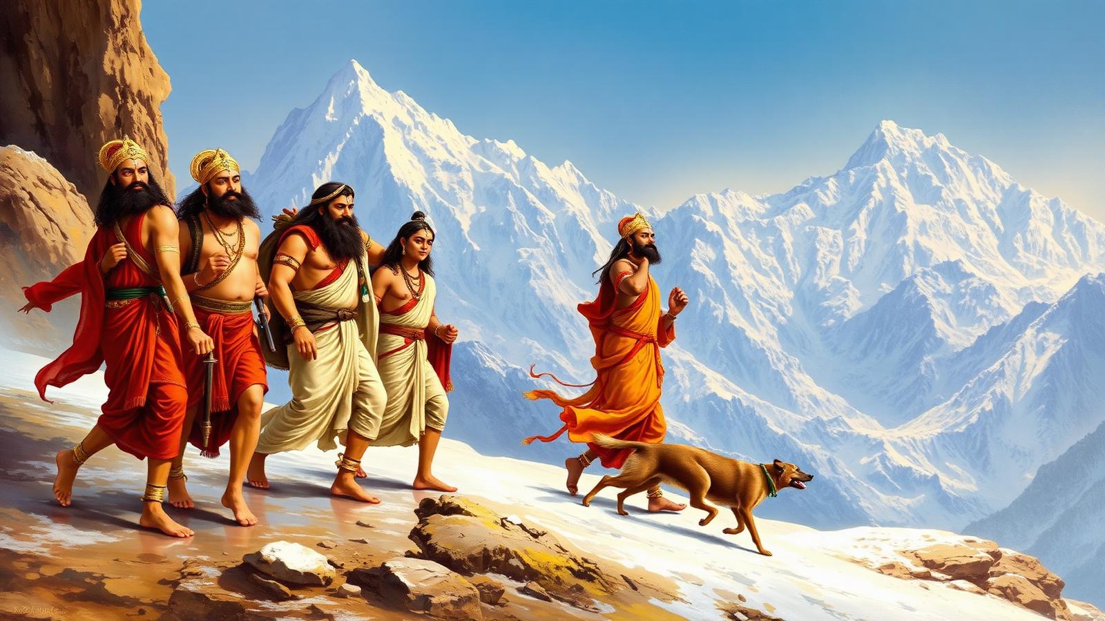 The Pandavas walking to the Himalayas