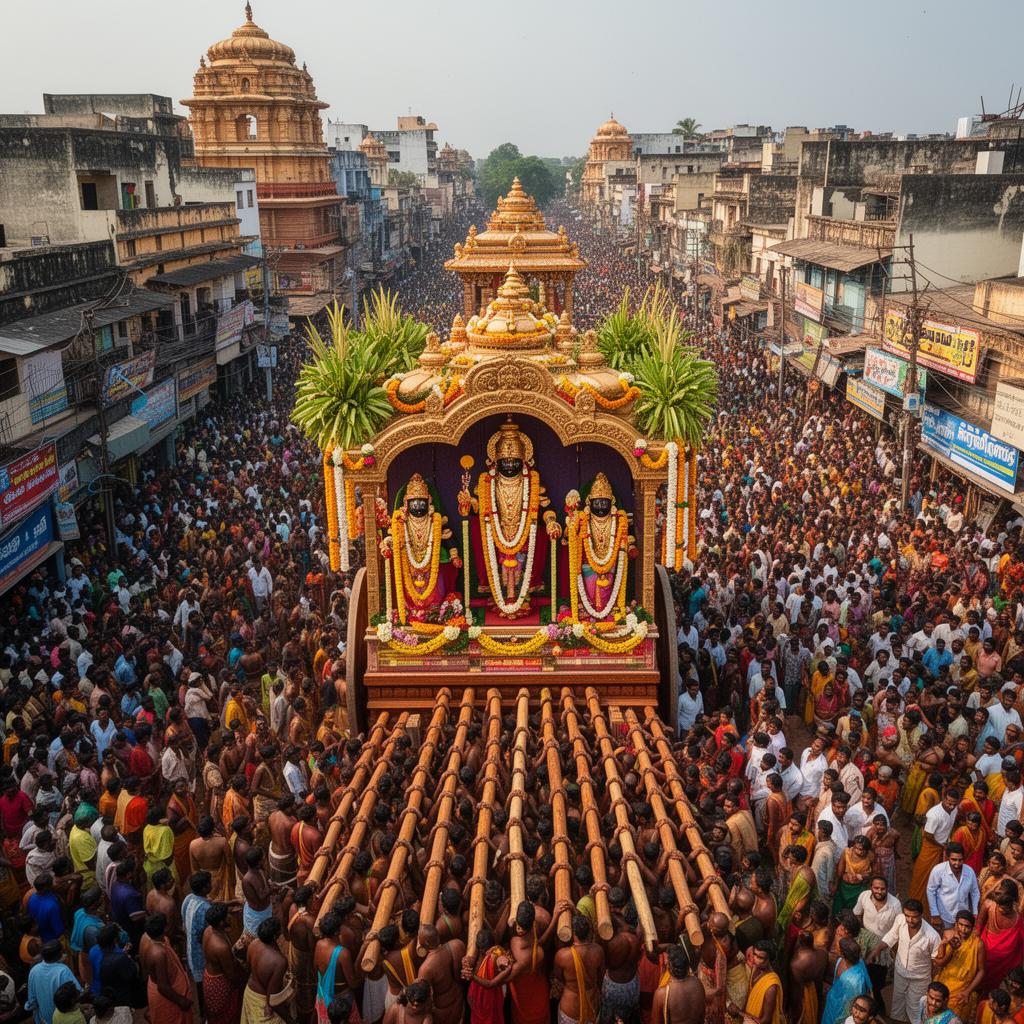 The Chithirai festival procession with deities on the grand chariot