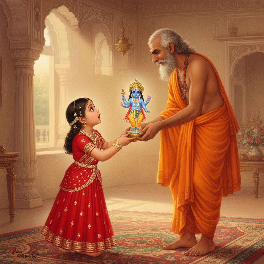 Young Mirabai receiving a Krishna idol from a wandering sadhu