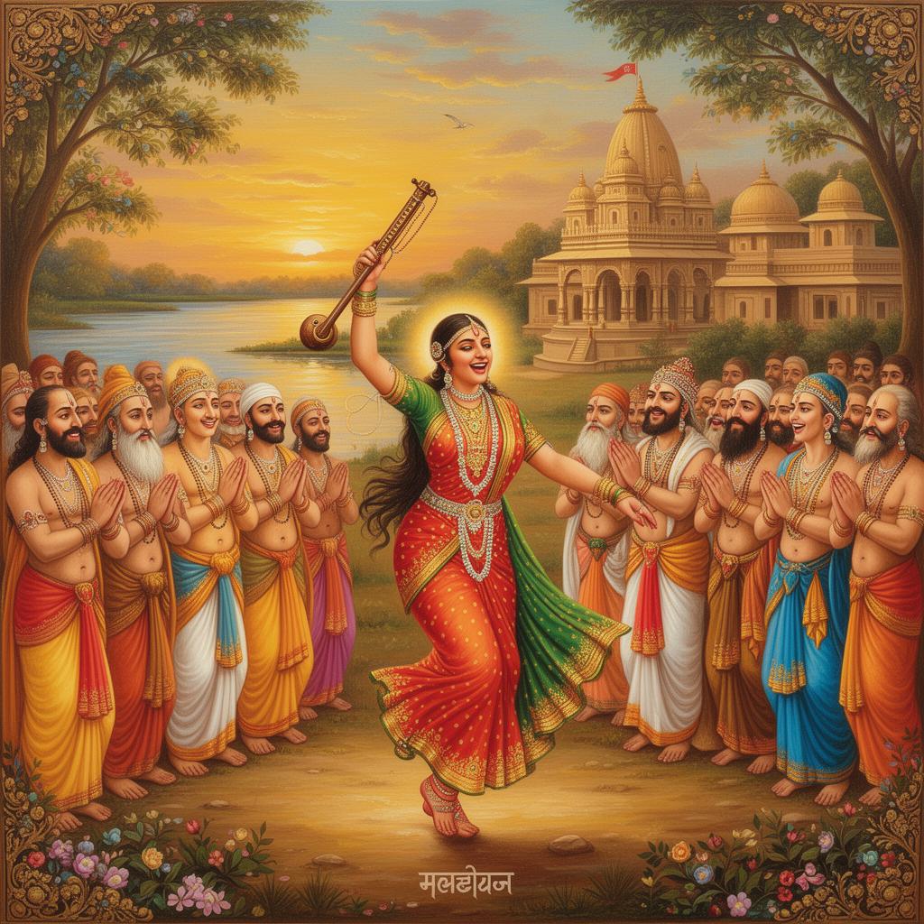 Mirabai dancing with ektara among saints at Vrindavan