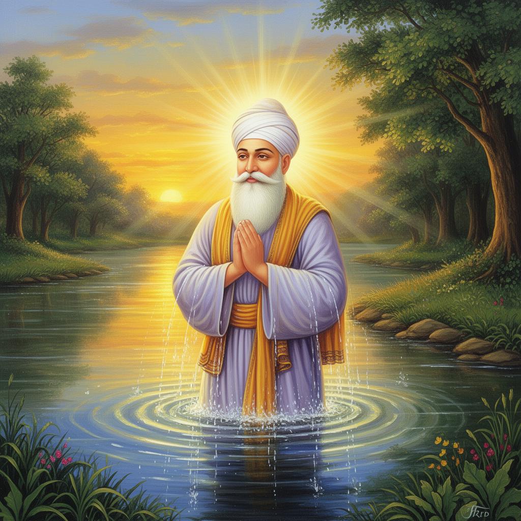 Guru Nanak emerging from the Bein river after his three-day spiritual awakening