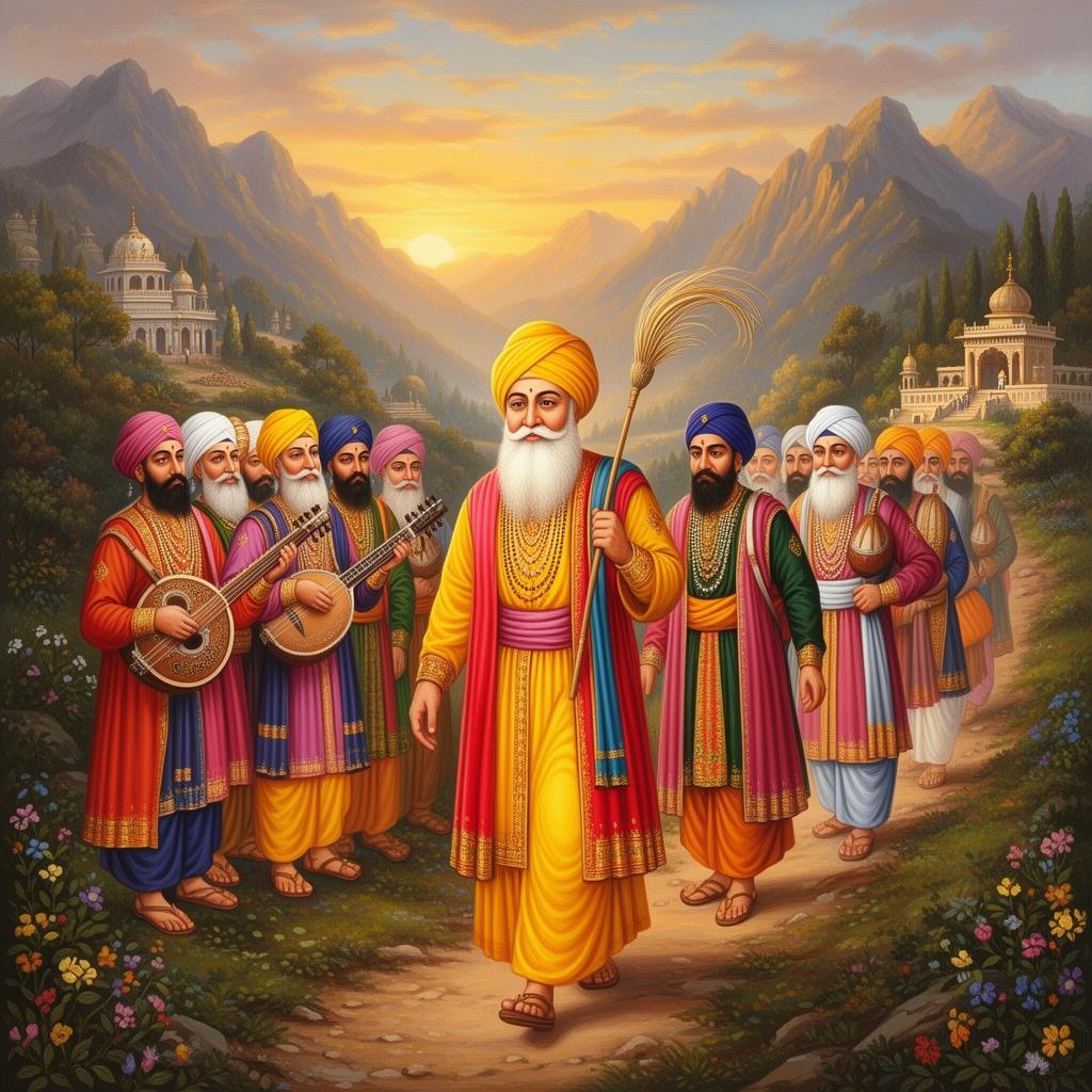 Guru Nanak on udasi with Bhai Mardana playing the rabab