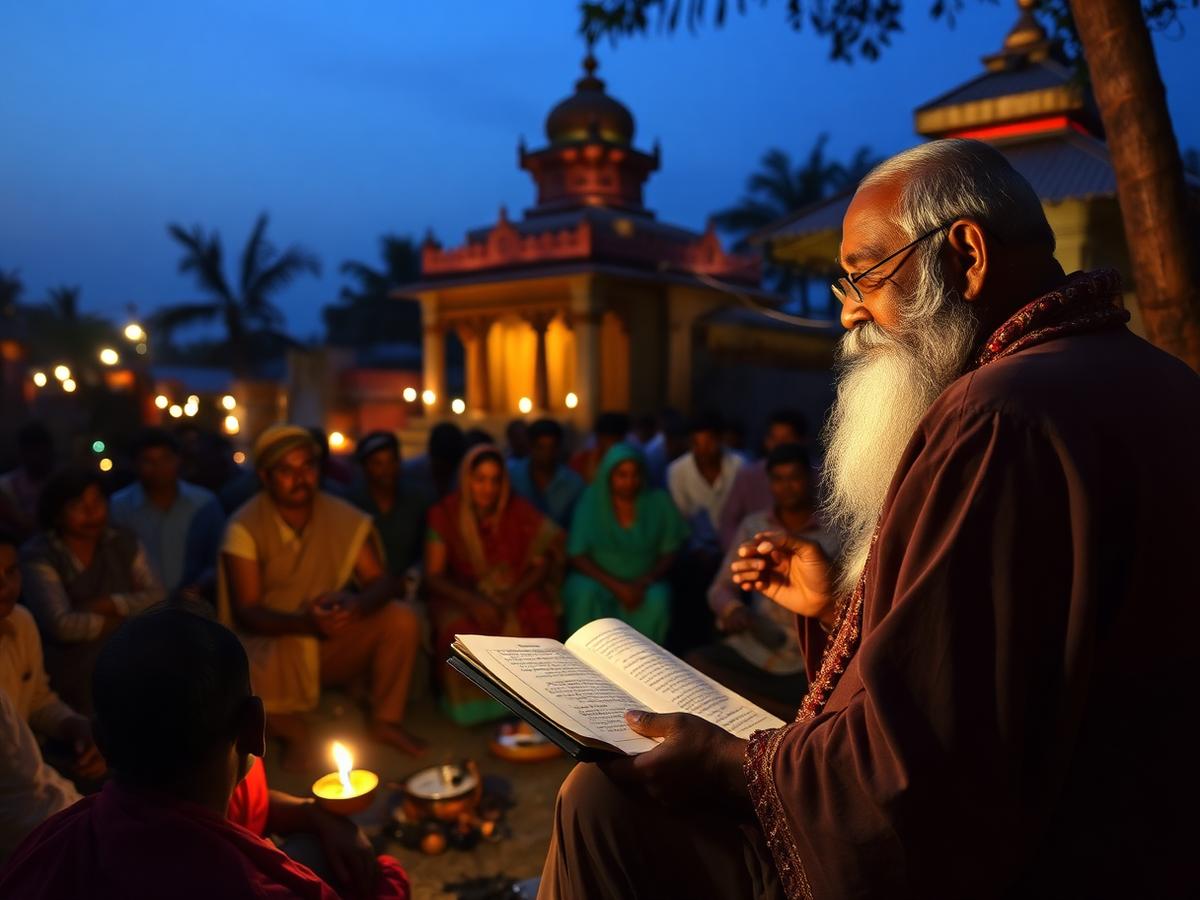 A storyteller reciting katha by lamplight