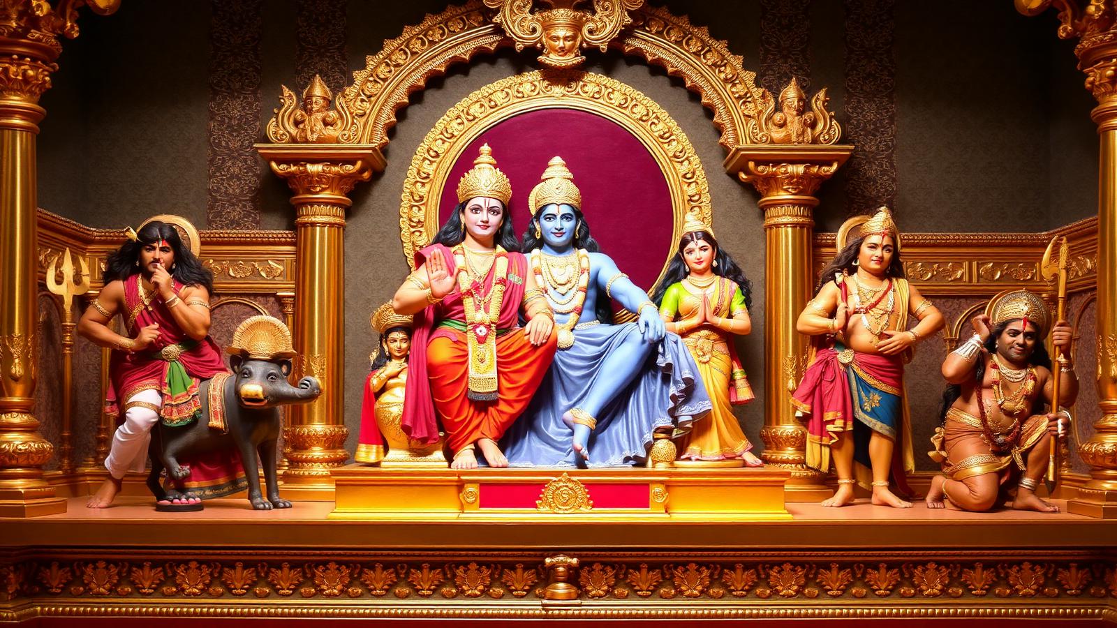 Rama Darbar — Rama enthroned in Ayodhya with Sita, brothers and Hanuman
