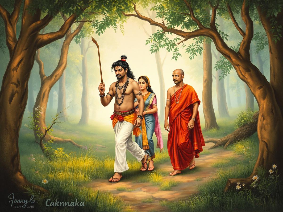 Rama, Sita and Lakshmana walking through the forest during exile