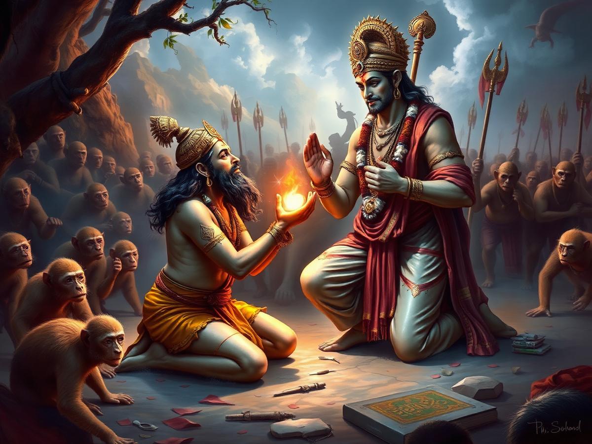 Hanuman kneeling before Lord Rama in devotion