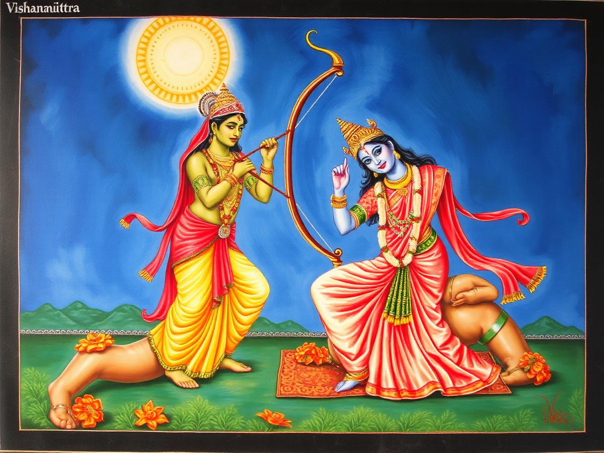 Rama winning Sita's hand by breaking the bow of Shiva