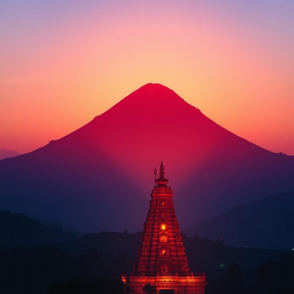 The sacred Arunachala hill glowing red at sunrise above the temple of Tiruvannamalai