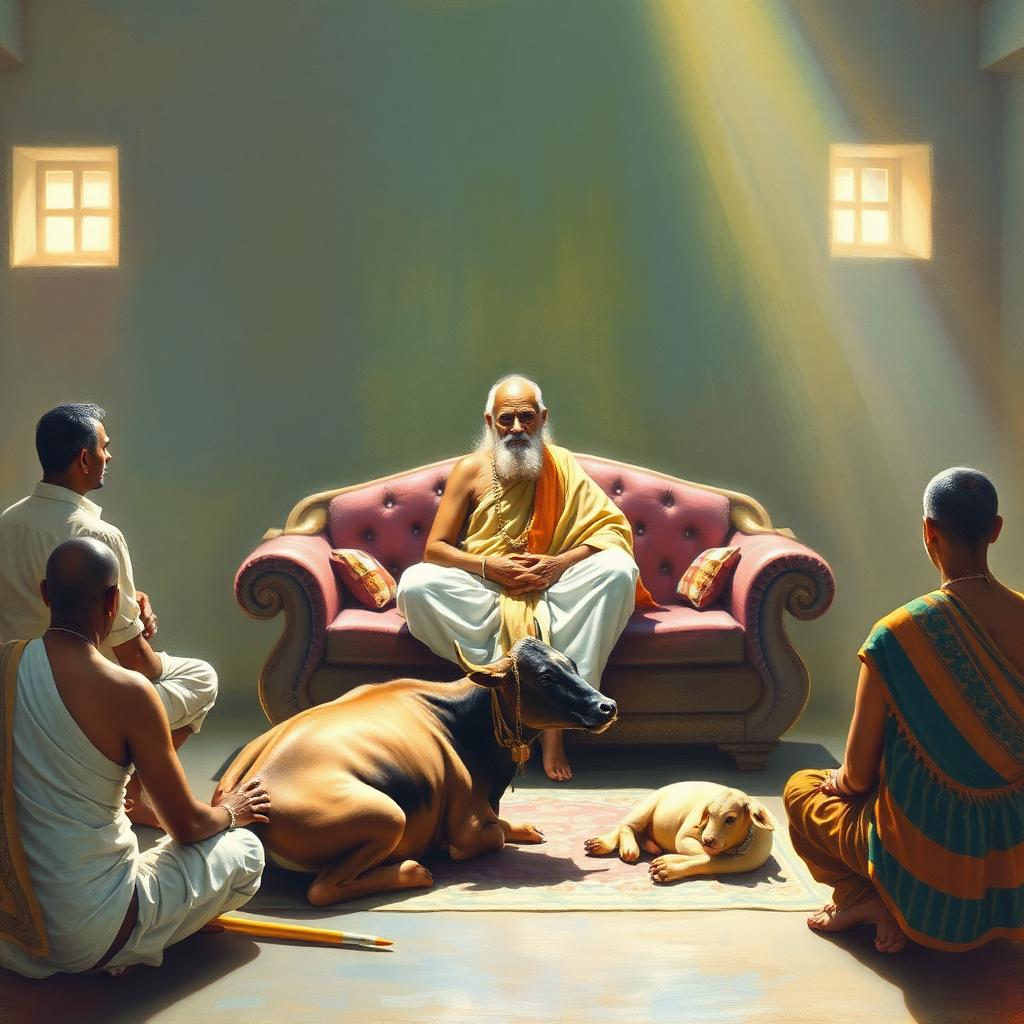 Bhagavan Ramana seated in the Ashram hall with devotees and the cow Lakshmi