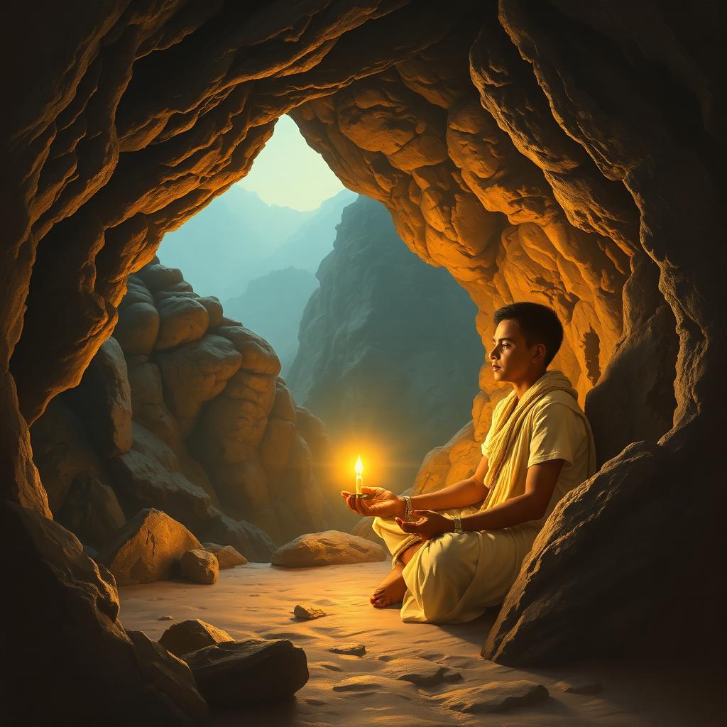 Young Ramana absorbed in silent meditation inside Virupaksha Cave on Arunachala