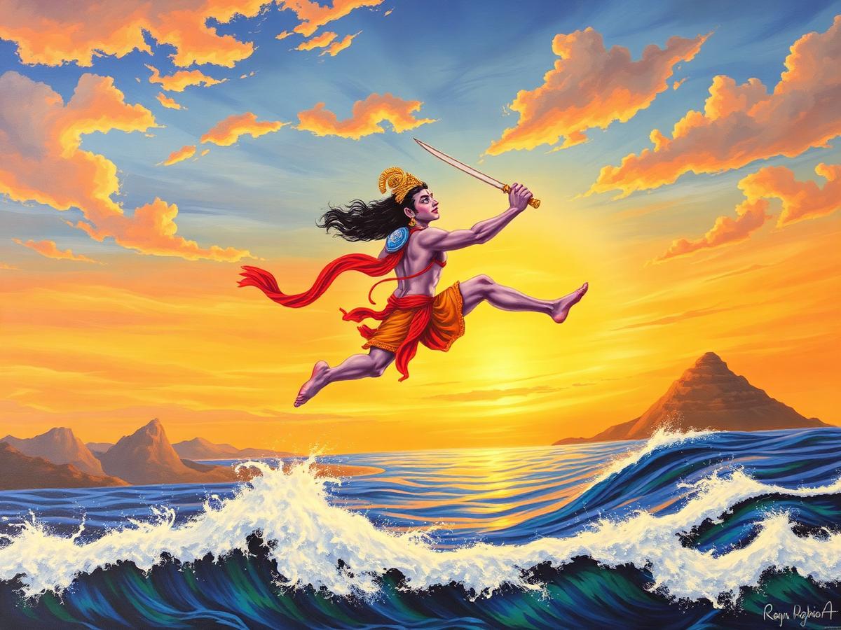 Hanuman leaps across the ocean to Lanka