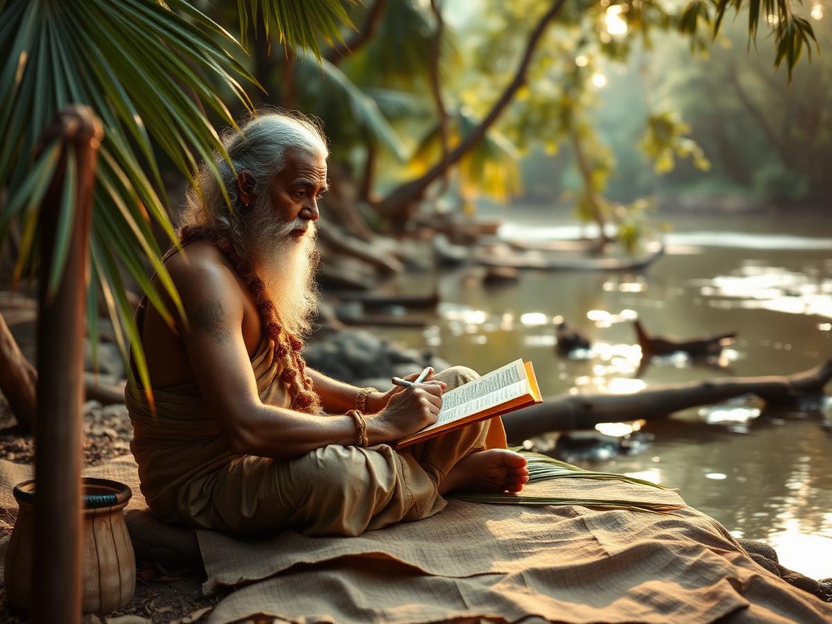 Sage Valmiki composing the Ramayana by the river