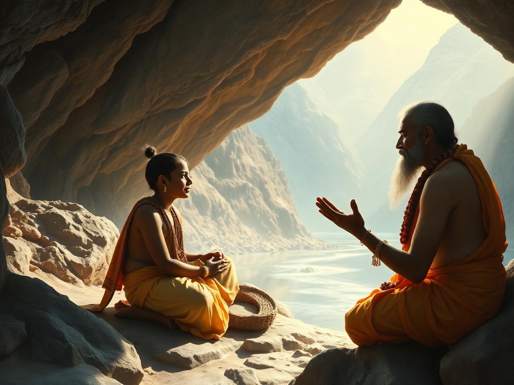 Young Shankara with his guru Govindapada in a Himalayan cave